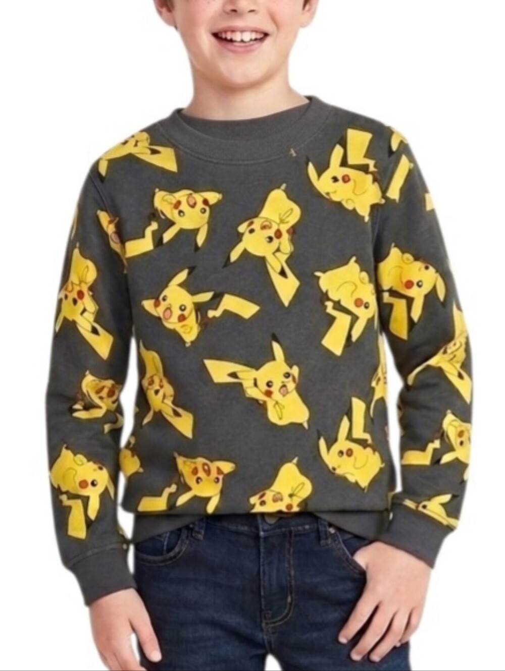 Pokemon Pikachu All-Over Print Sweatshirt Gray Crew Neck Pullover Youth Size M